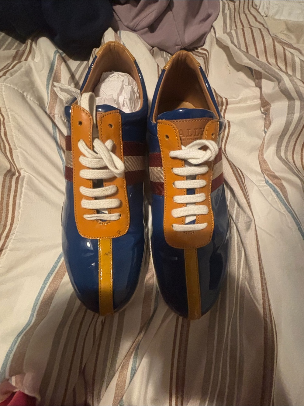 Bally Blue Patent Leather Sneakers with Yellow and Brown Accents luxury shoes